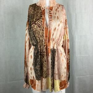Zara Shirt Womens Sz L‎ Pink Beige Floral Knit Turtleneck Blouson Tunic Top Boho